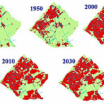 Weergave van de verstedelijking  in Delfland van 1925 tot 2030