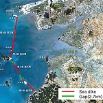 Situation at the moment of the stopping of the construction of the sea dike of the Saemangeum project