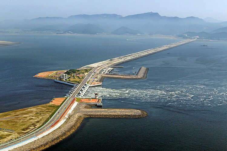 The sea dike with drainage sluices of the Saemangeum project.