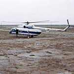 Flight by helicopter along the coast of the Caspian Sea in Kazakhstan