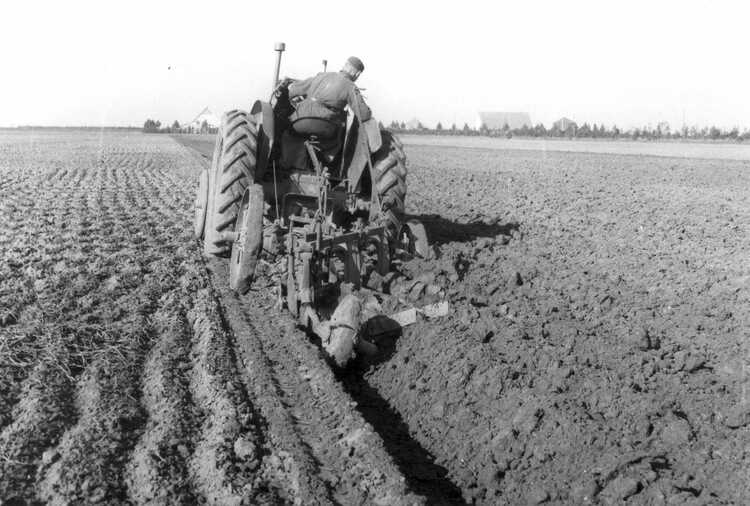 Tractor aan het ploegen in de Noordoostpolder 